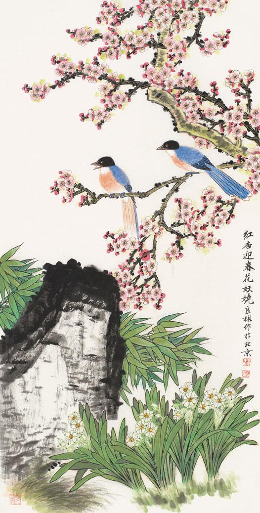 红杏迎春花妖娆（杏花蓝鹊图）